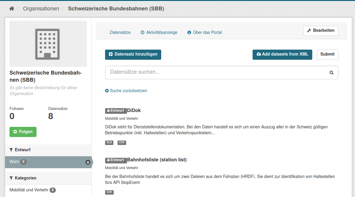 Hochgeladene Datasets auswählen