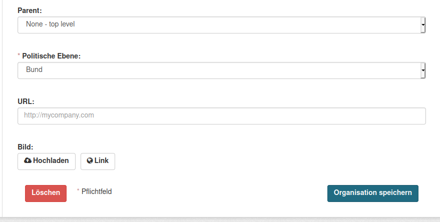 Organisation: URL und weitere Felder