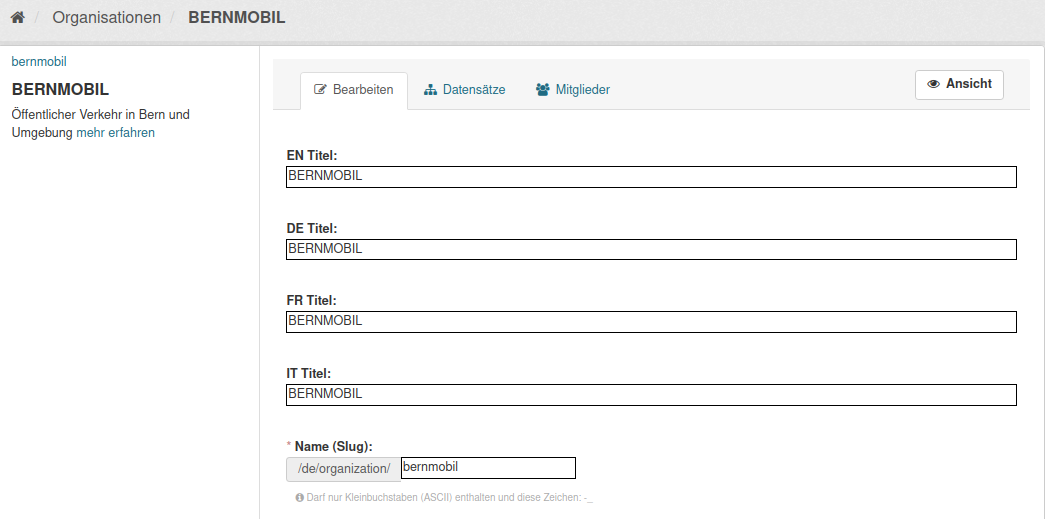 Organisationstitel und Slug